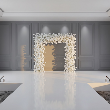 Decorative floral archway in a modern interior setting with gray walls and white floor.