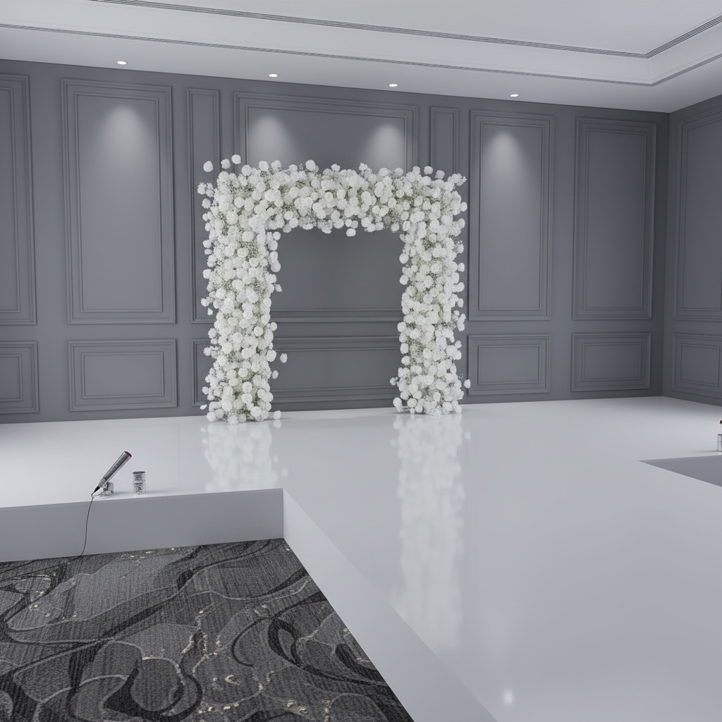 Decorative floral arch in a room with gray walls and white floor.
