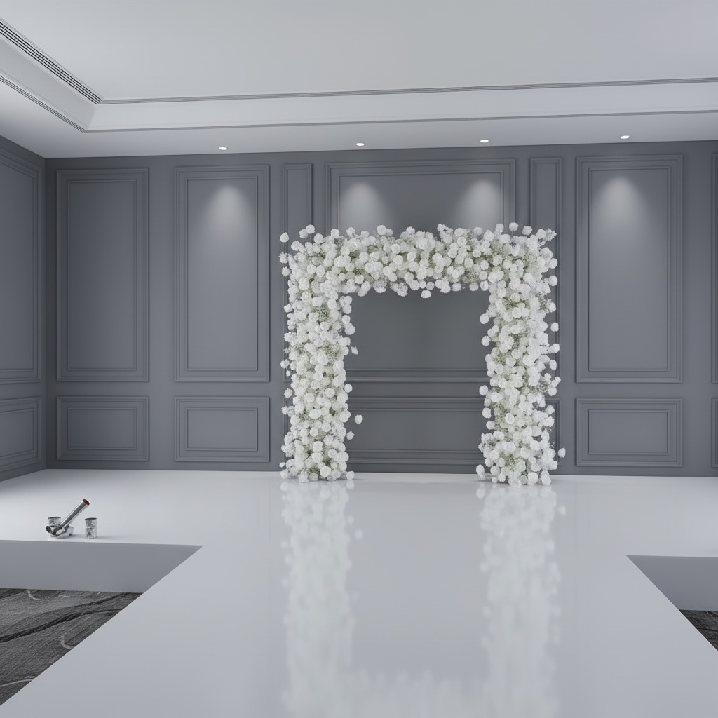 Floral archway in a room with gray walls and white floor