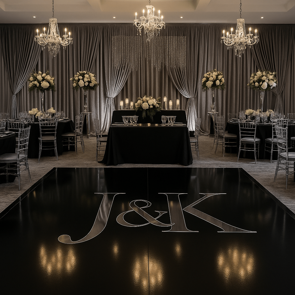 Decorated event space with tables, chairs, and floral arrangements in a formal setting.