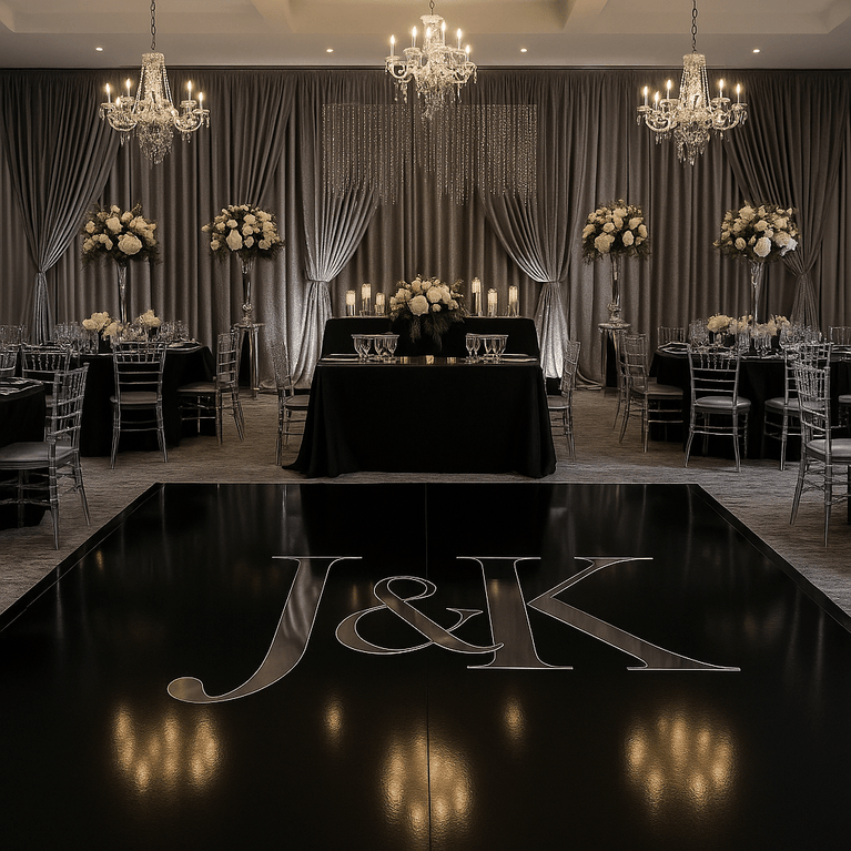 Decorated event space with tables, chairs, and floral arrangements in a formal setting.