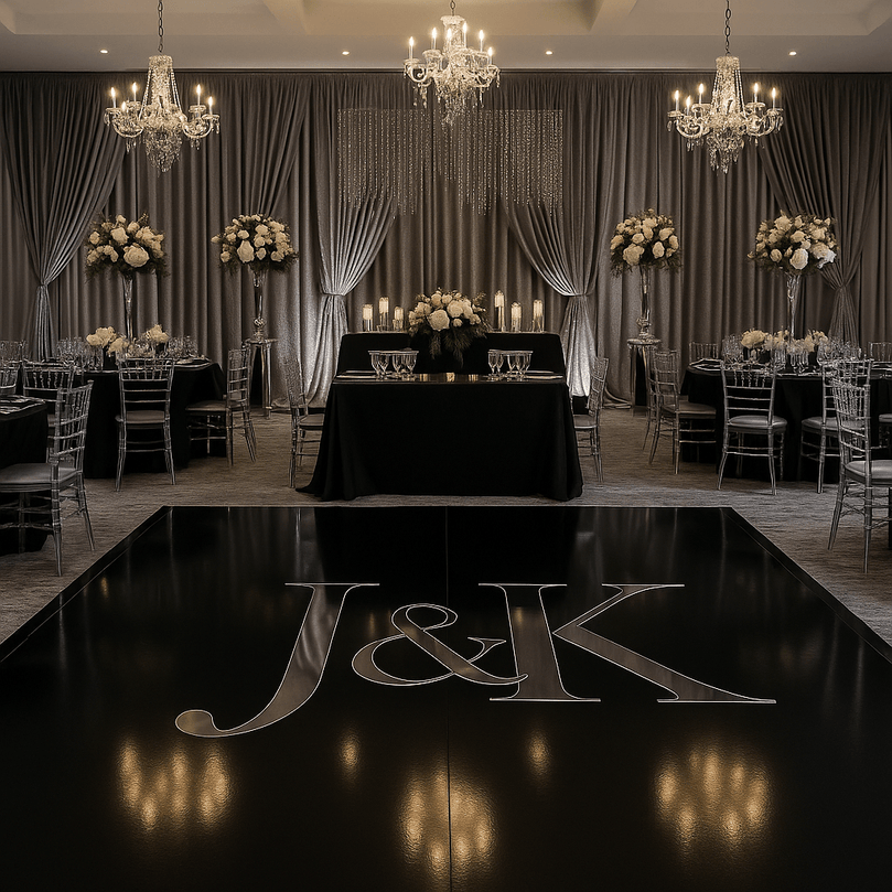 Decorated event space with tables, chairs, and floral arrangements in a formal setting.