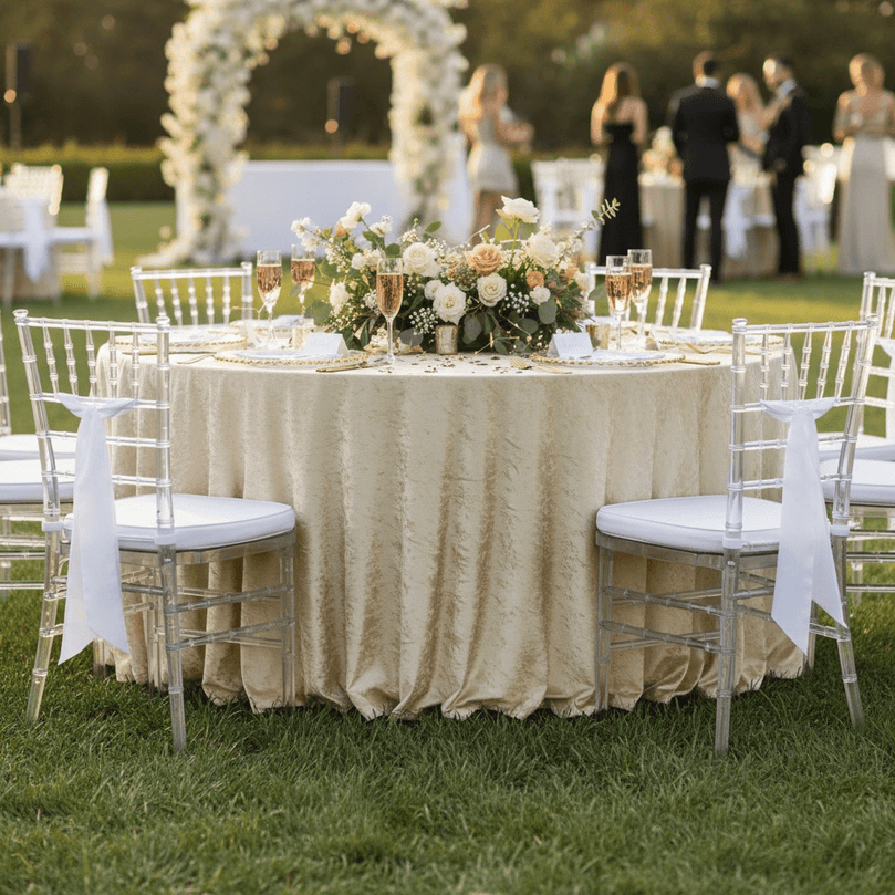 Decorated outdoor wedding table draped with a champagne velvet tablecloth with floral arrangements and guests in the background.