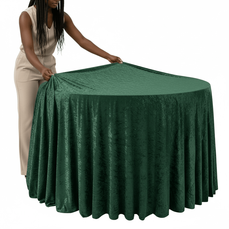 Person adjusting an emerald green velvet tablecloth on a round table
