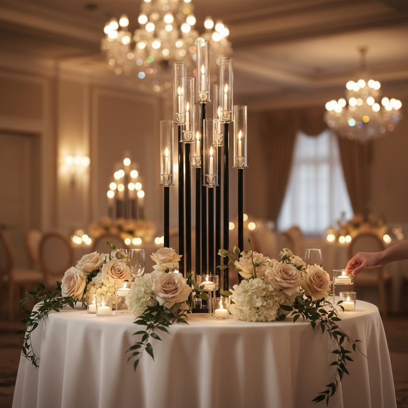 Decorative table setting with flowers and a large black candle holder in a grand room with chandeliers.