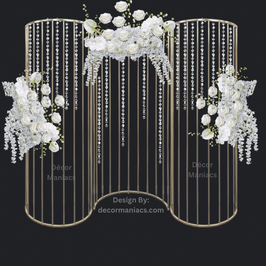 Decorative gold curved screen with floral arrangements and hanging beads on a black background.