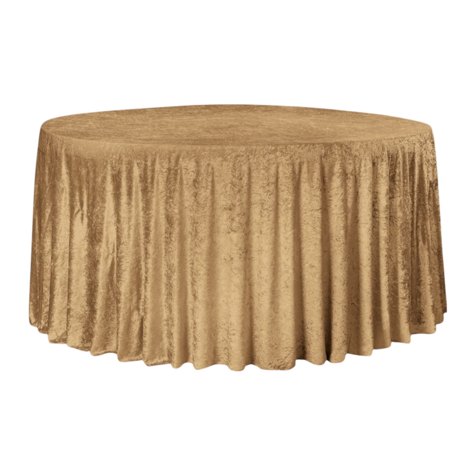 Gold mocha velvet tablecloth on a round table against a white background 