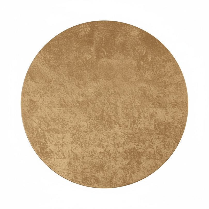 Top view of a mocha brown velvet tablecloth draping a round table on a white background