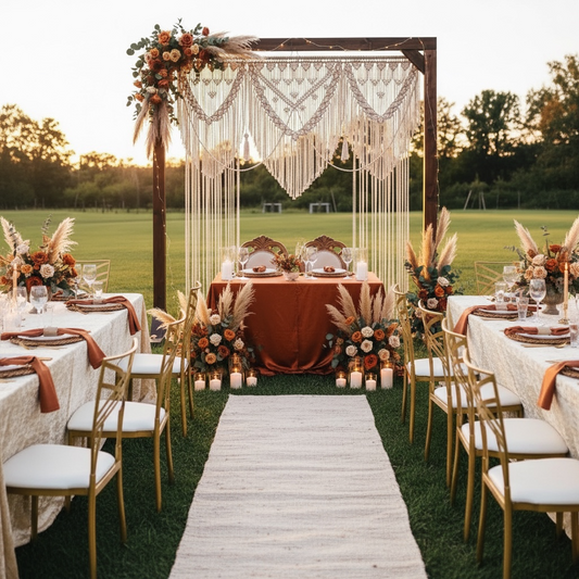 Decorated outdoor wedding setup with tables, chairs, and floral arrangements.