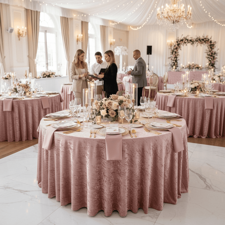 Decorative indoor wedding setting with round tables covered in dusty pink velvet tablecloth, floral centerpieces, and people in the background.