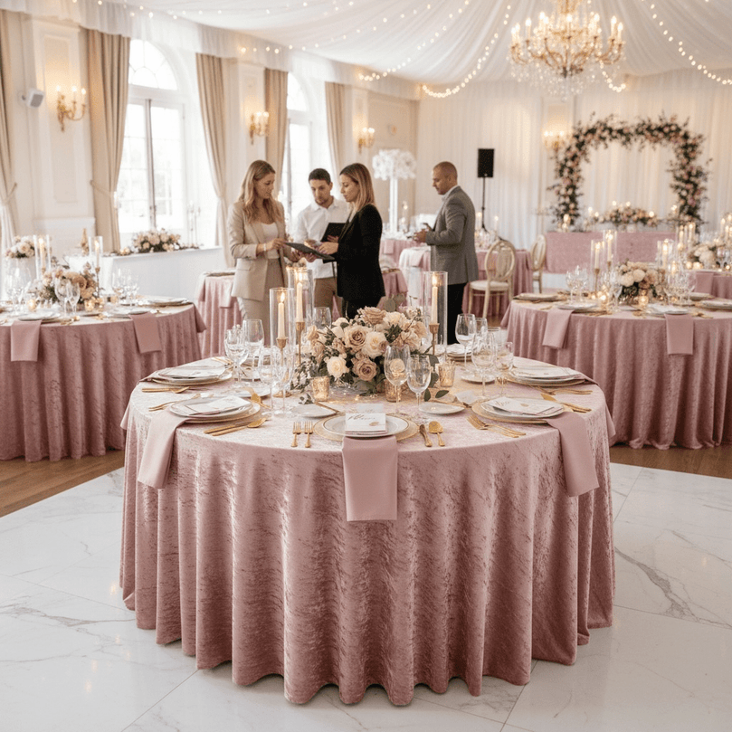 Decorative indoor wedding setting with round tables covered in dusty pink velvet tablecloth, floral centerpieces, and people in the background.