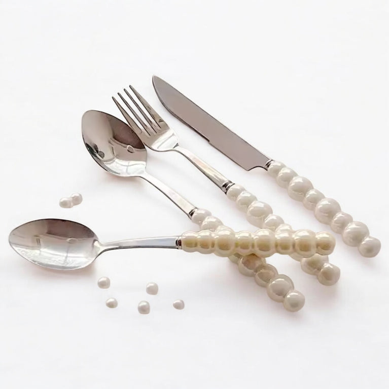White Pearl Beaded Cutlery Set for Rent