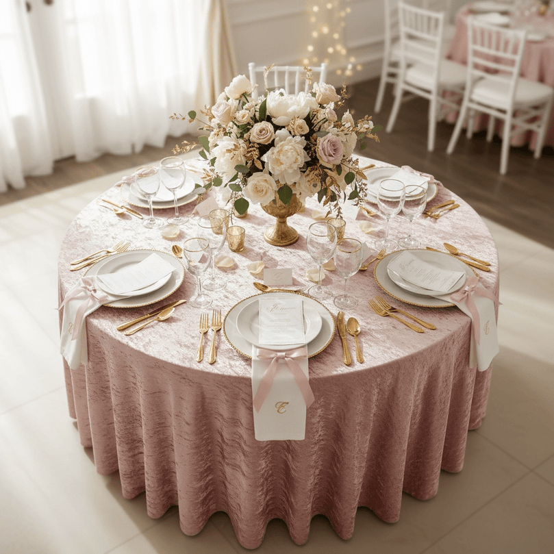 Elegant round table setting covered in dusty pink velvet tablecloth with floral centerpiece in a softly lit room.
