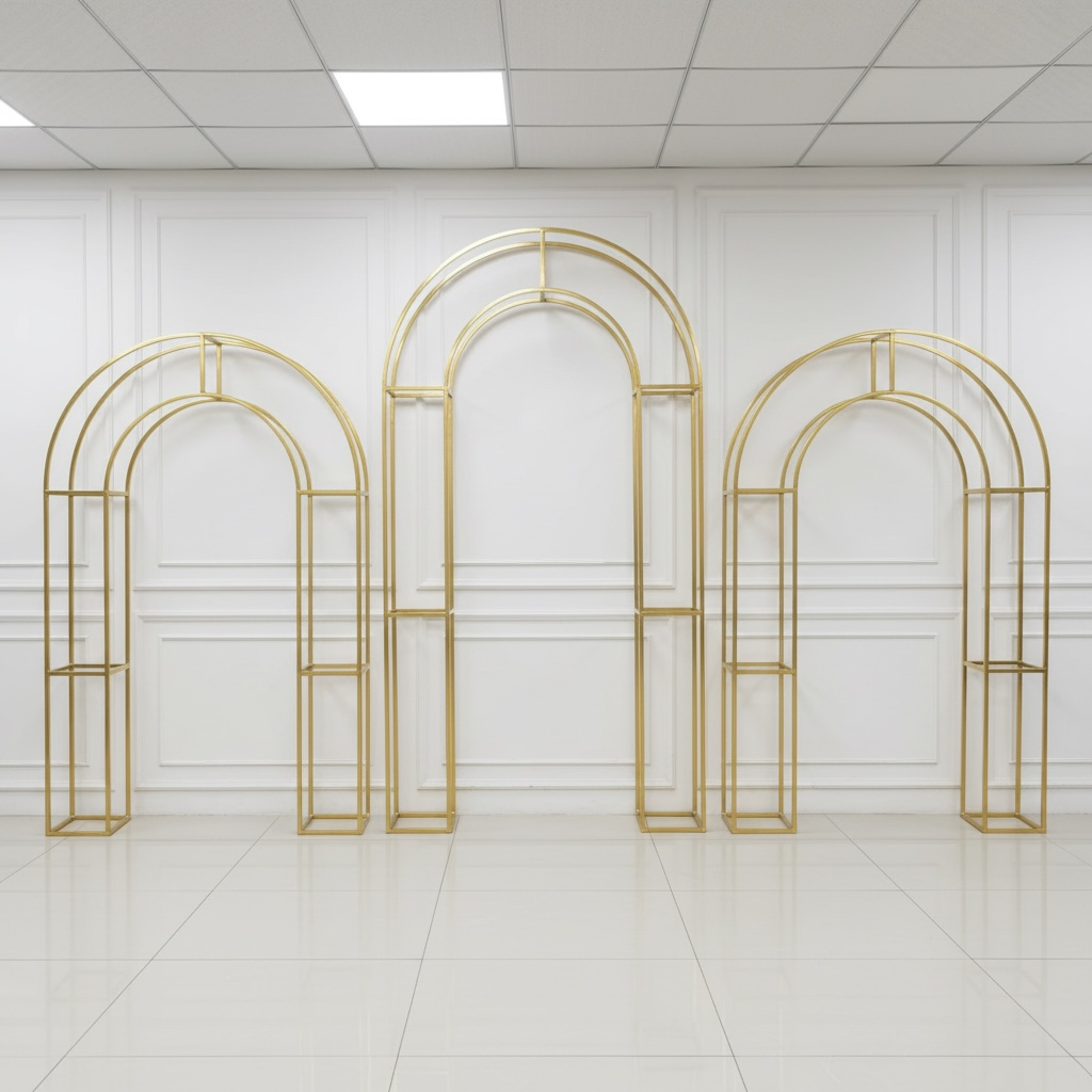 Set of three gold arch-shaped wedding backdrops against a white wall.