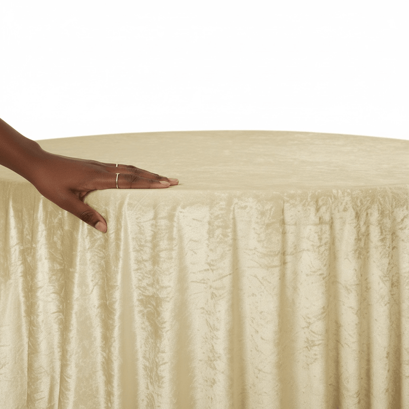 Champagne velvet tablecloth draped over a round table with a hand touching the fabric.