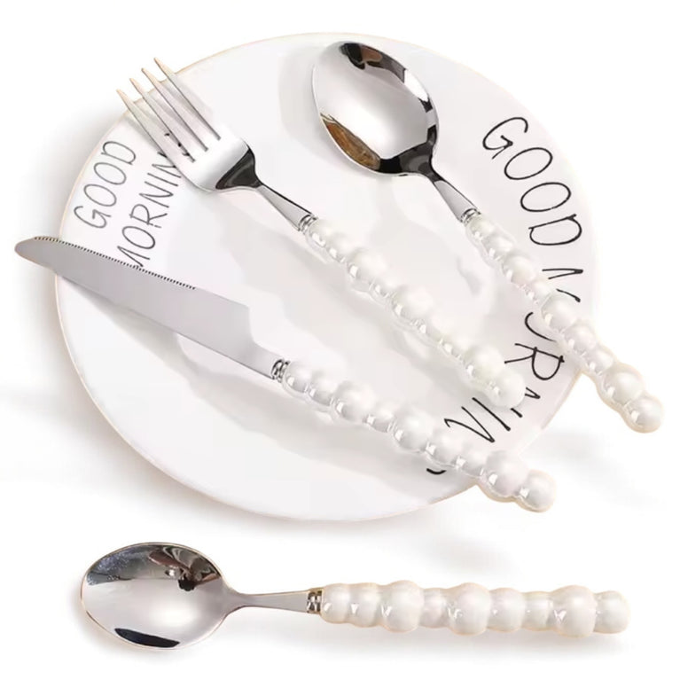 White Pearl Beaded Cutlery Set for Rent