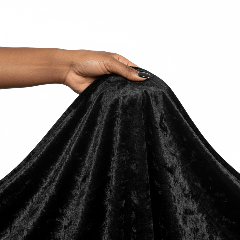 Hand holding black velvet fabric against a white background