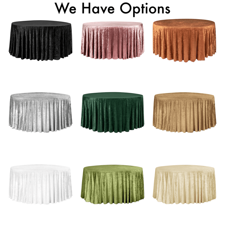 Various round tables with draped velvet tablecloths in different colors on a white background.