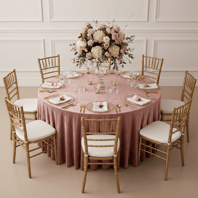 Round table set for a formal dinner with floral centerpiece, dusty pink velvet tablecloth, and wooden chairs.
