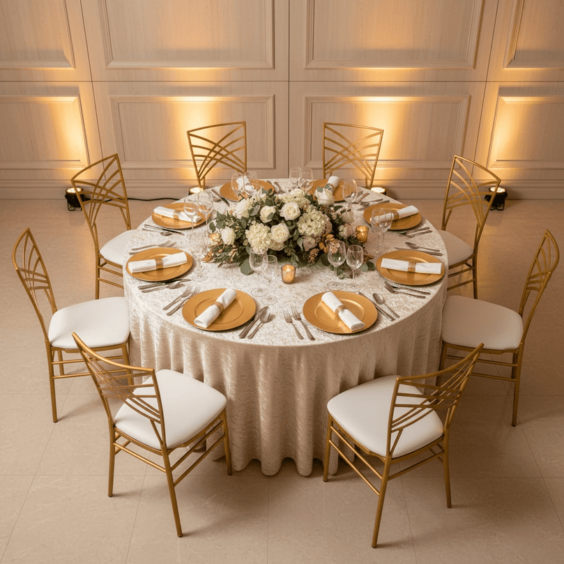 Round table set for a formal dinner draped with champagne velvet tablecloth, gold chiavari chairs and serverware on a paneled background.