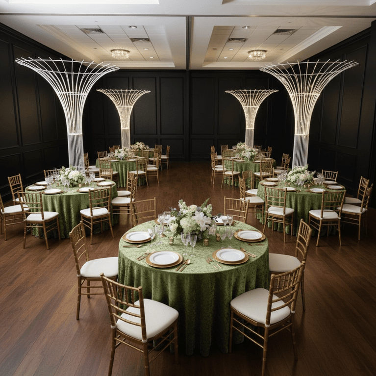 Decorated event space with round tables, chairs, and tall cylindrical wedding light prop fixtures.