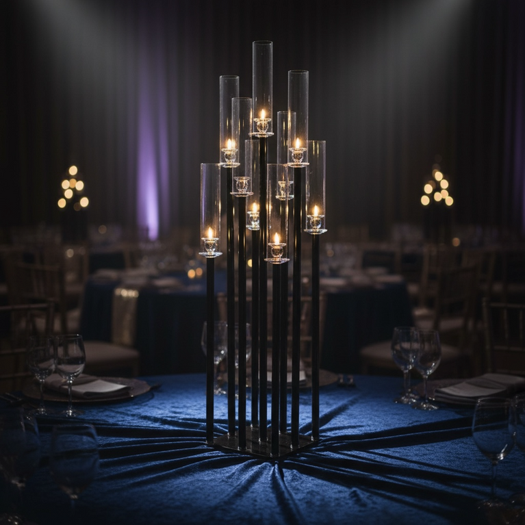 Decorative candle centerpiece on a table with a dark, elegant setting