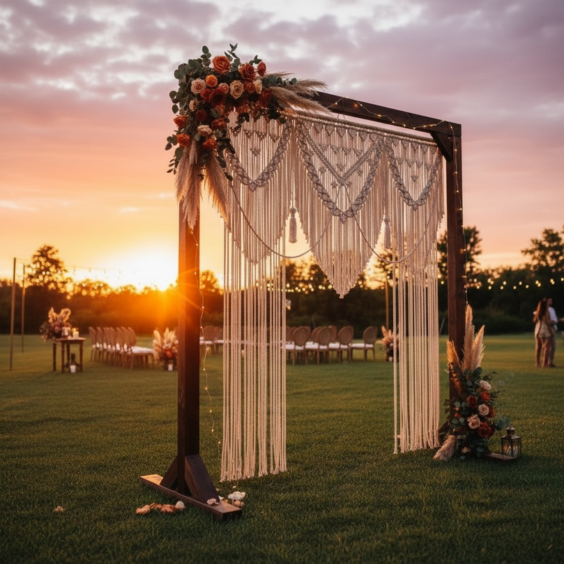 Decorative arch with large macrame boho curtain and floral arrangements at sunset in an outdoor setting