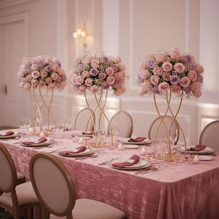 Decorative table setting with pink floral centerpieces and tablecloth.