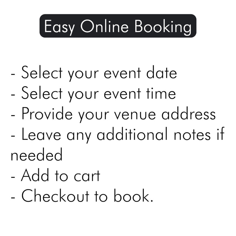 Text instructions for easy online booking of party rentals on a white background