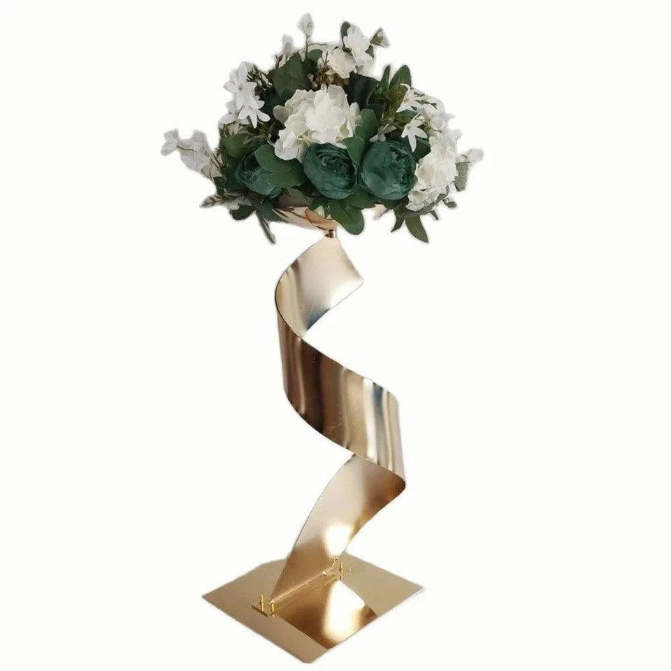 Spiral Gold Wedding Dining Centerpiece with greenery flower arrangement
