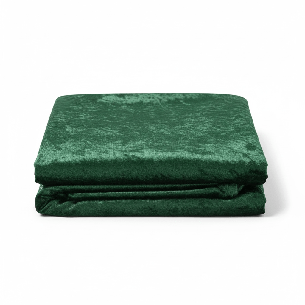 Folded emerald green velvet fabric on a white background
