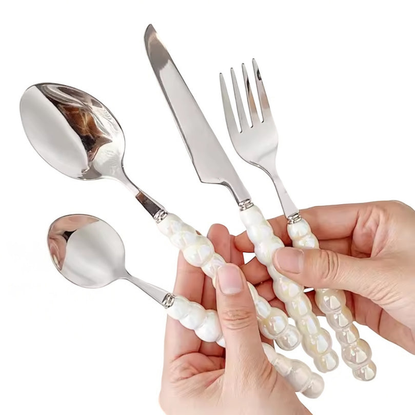 White Pearl Beaded Cutlery Set for Rent