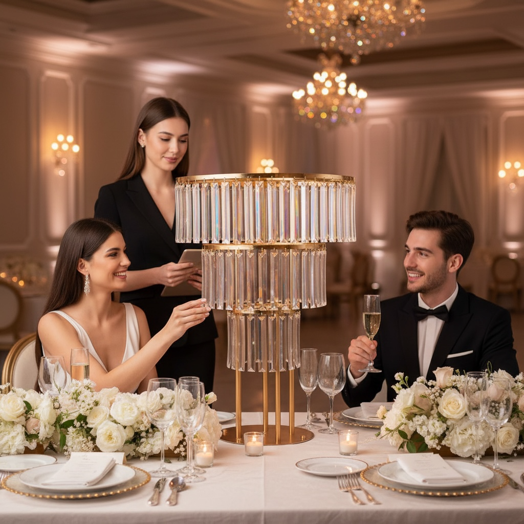 Dining scene with a couple at a formal event in a elegantly decorated room.