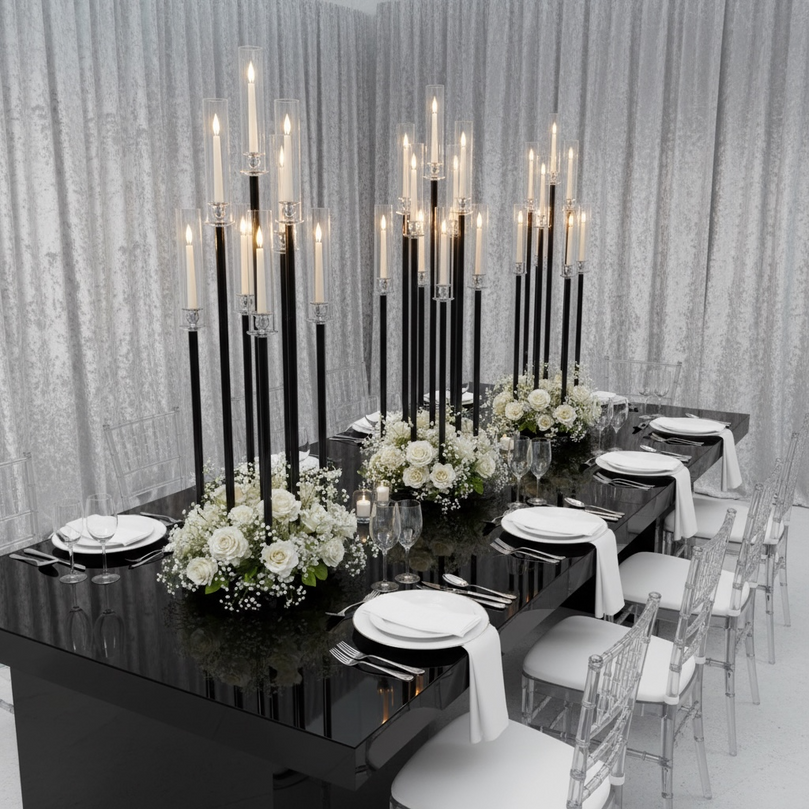 Elegant dining table setting with black candlestick holders and white flowers against a silver curtain backdrop.