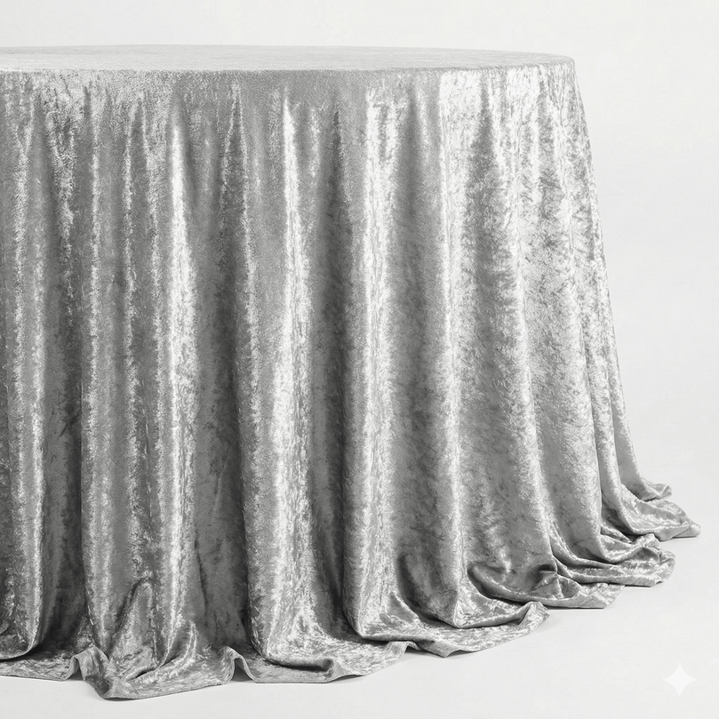 Silver velvet tablecloth draped over a table on a white background