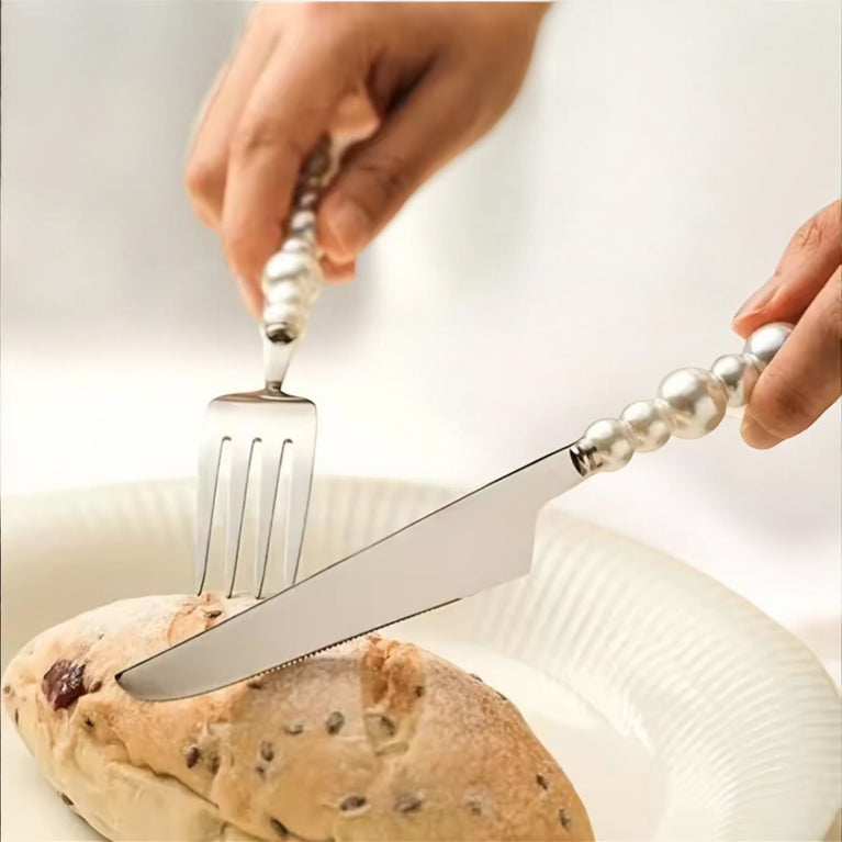 White Pearl Beaded Cutlery Set for Rent