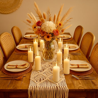 candle arrangement on dining table with mixed holders: brass, ceramic, iron, battery operated LED candles