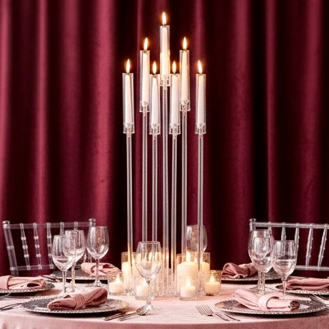 9-Arm Clear Wedding Candle Holder For Rent - Party Rental MA