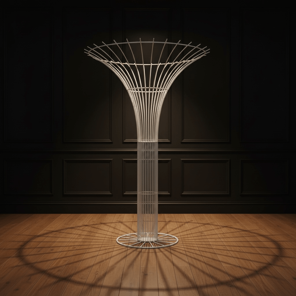 Modern white metal wedding prop with a unique design on a wooden floor and dark paneled wall background