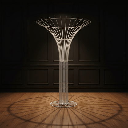 Modern white metal wedding prop with a unique design on a wooden floor and dark paneled wall background