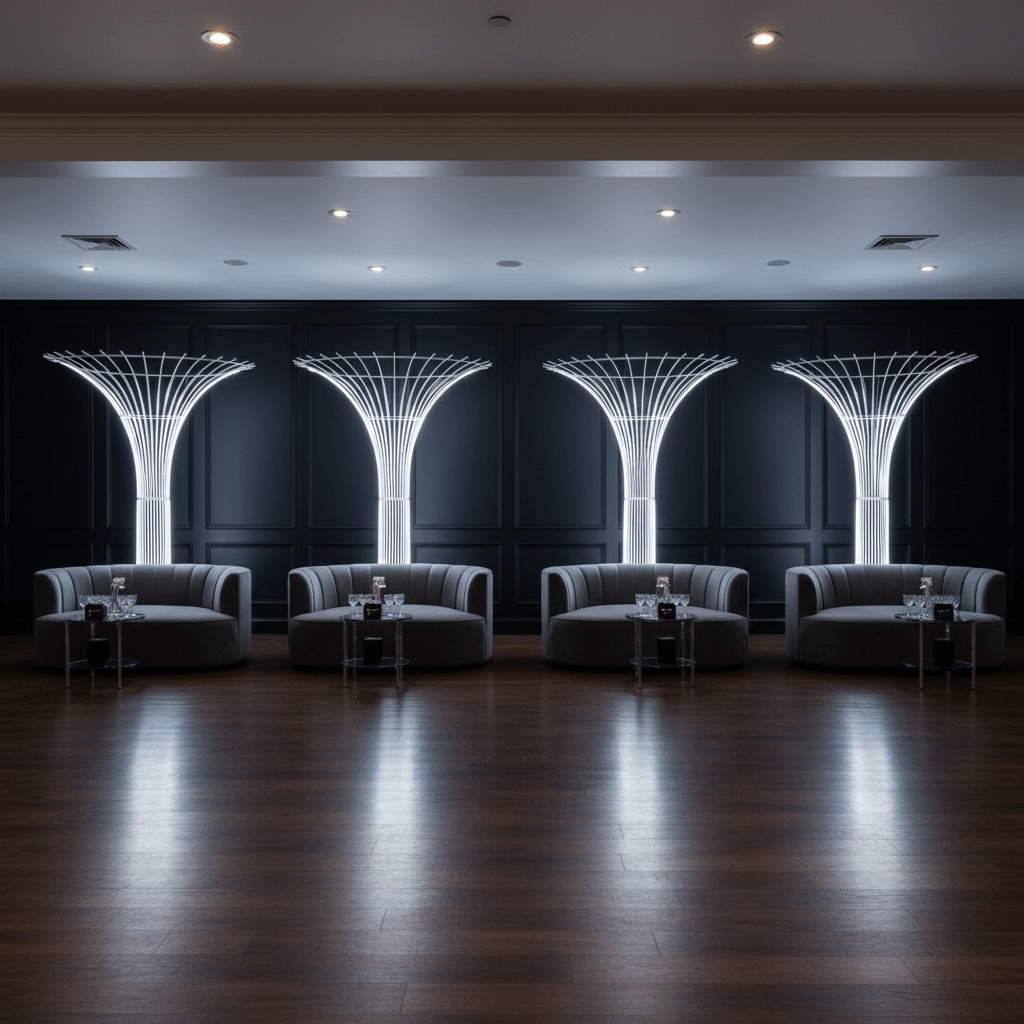 Modern lounge area with tall white tree props, gray sofas and decorative ceiling lights.