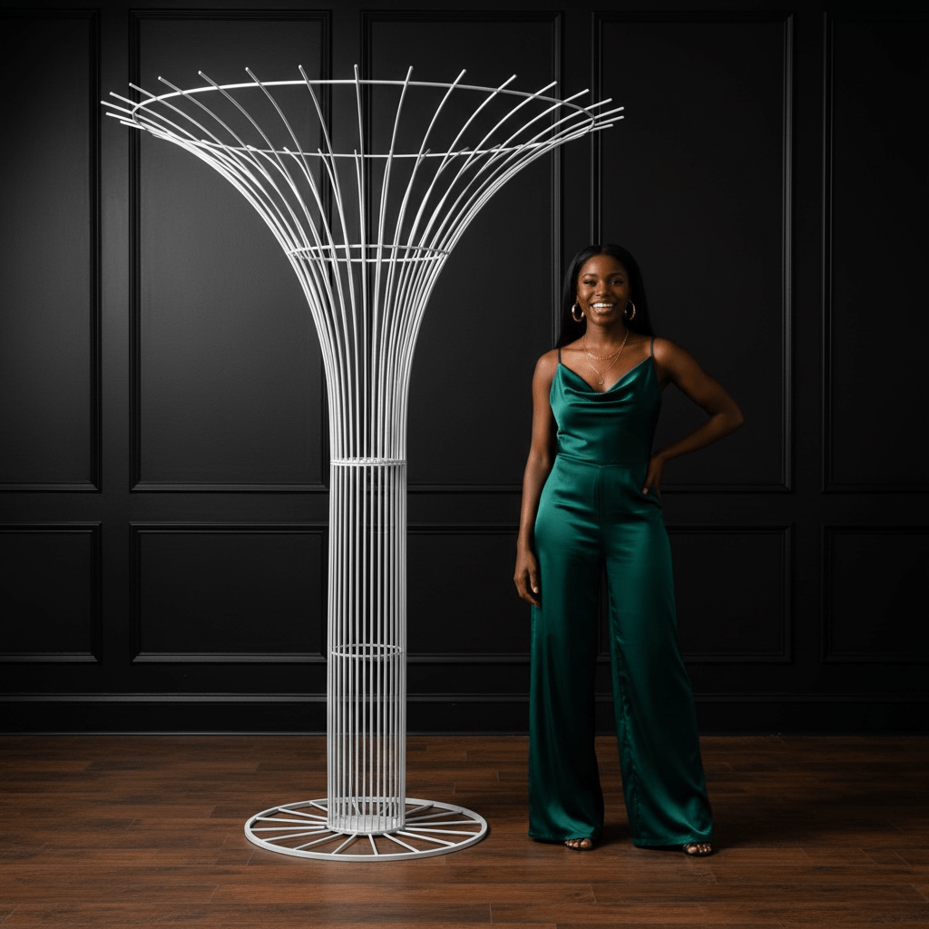Woman in a green jumpsuit standing next to a modern white party rental sculpture against a dark paneled wall.