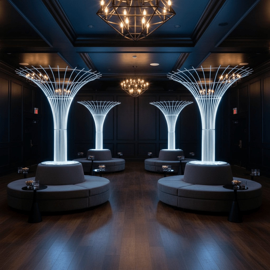 Modern lounge with illuminated tree-like structures and gray seating
