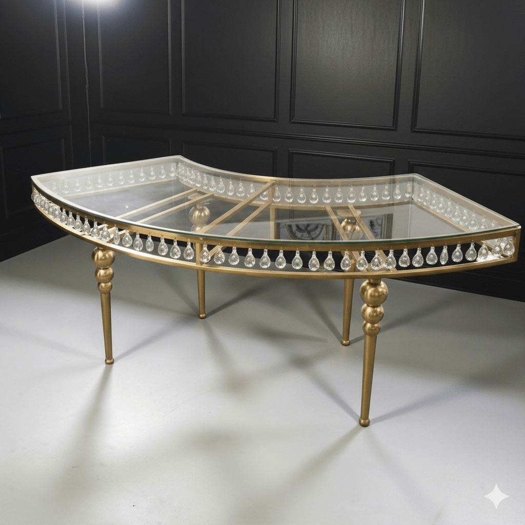 Decorative wedding table with gold frame and crystal embellishments on a white floor.