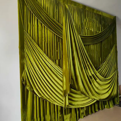VELA Green Crushed Velvet Backdrop | Pre-Draped Swag Curtain