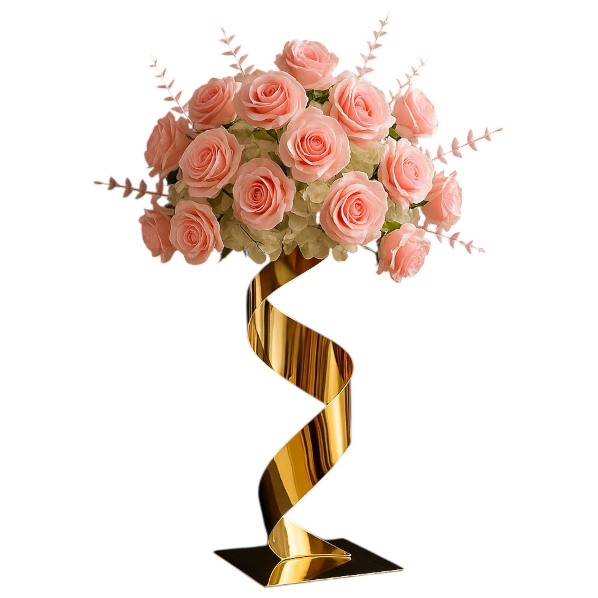 Bouquet of pink roses in a Spiral Gold Wedding Dining Centerpiece on a white background