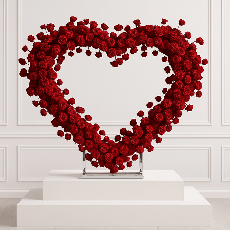 Heart Backdrop with Red Floral Arrangement for Rent
