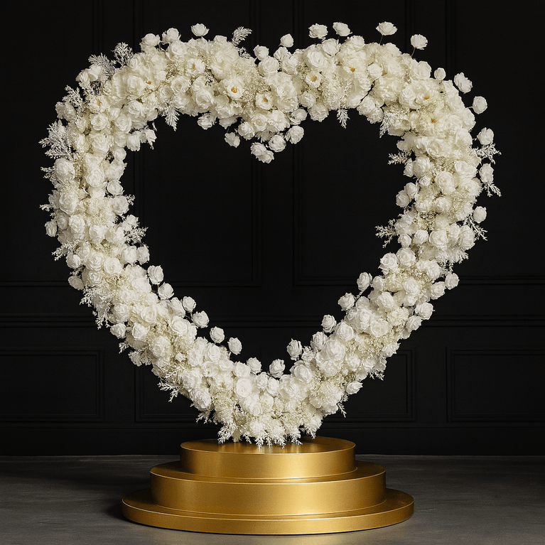 Heart Backdrop with White Floral Arrangement for Rent