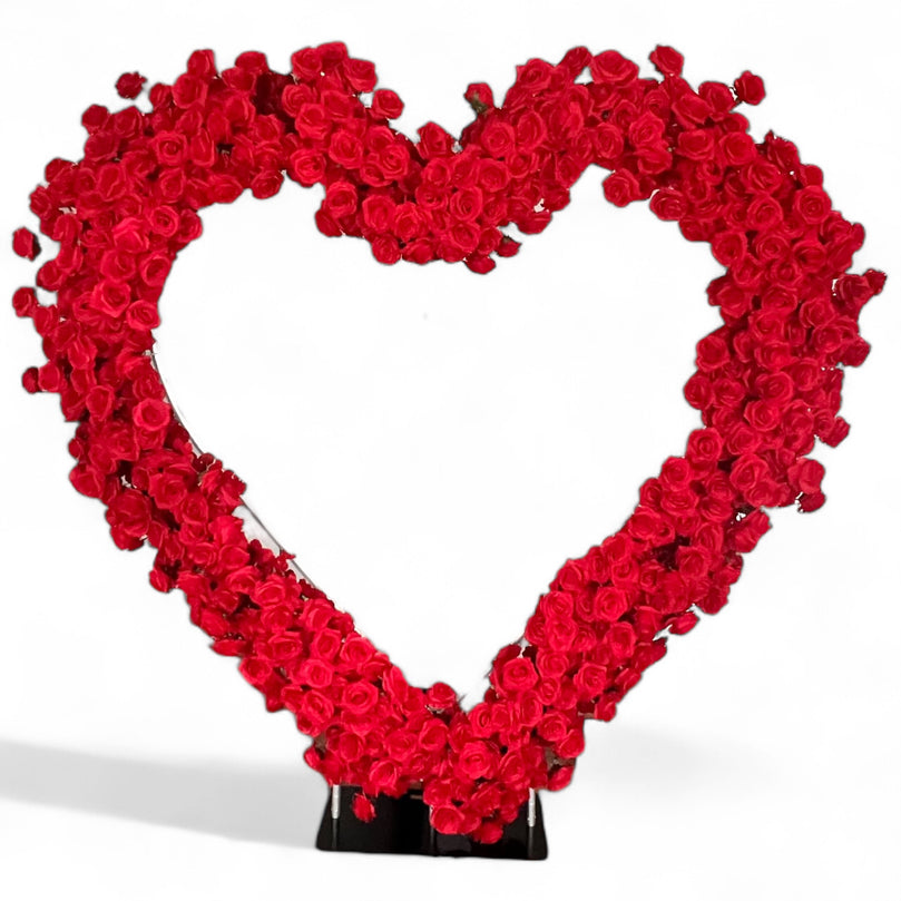 Heart Wedding Backdrop for Rent with Red Floral Arrangement