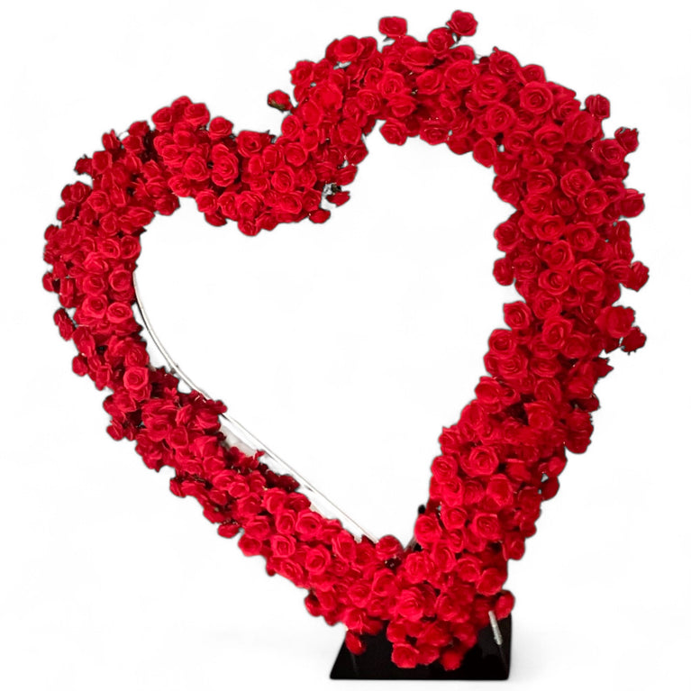 Heart Wedding Backdrop for Rent with Red Floral Arrangement